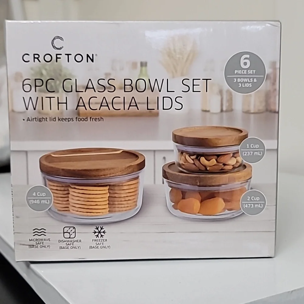 NEW Crofton Glass Bowl Set with Acacia Lids